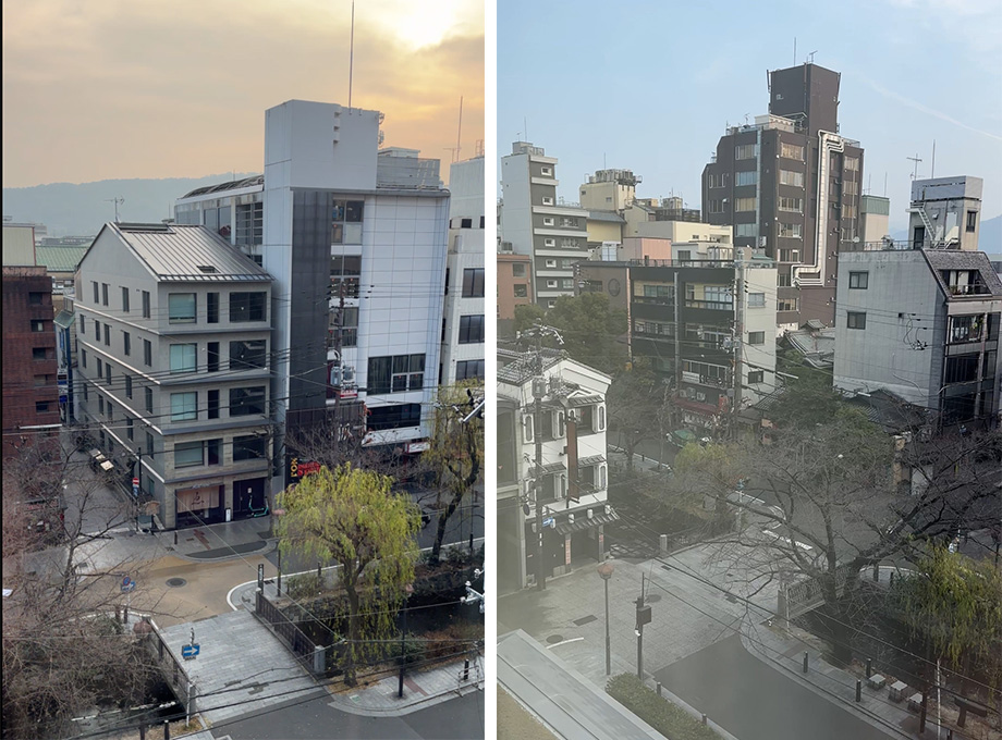 a vista da janela do quarto do cross hotel kyoto - hospédagem o Japão